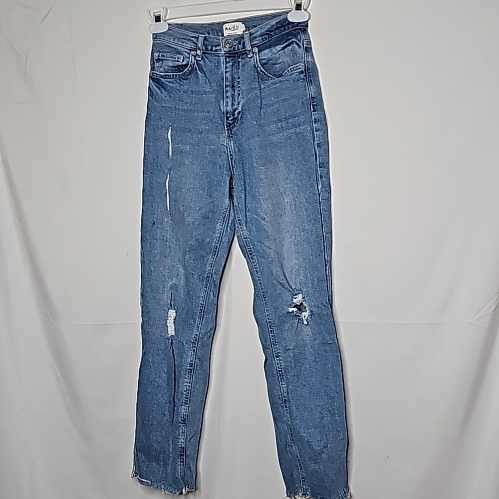 NA-KD Reborn distressed ripped straight leg raw hem blue jeans sz 4